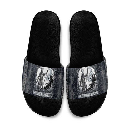 Khonsu Ancient Egyptian Slide Sandals with Dark Celtic Knot Pattern, Baboon Guardian Symbol, and Moon Healer Motif - African Pride