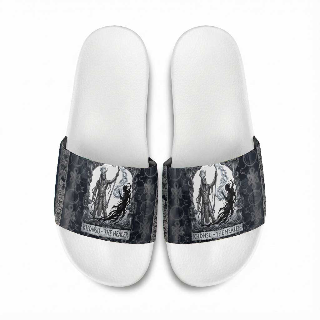 Khonsu Ancient Egyptian Slide Sandals with Dark Celtic Knot Pattern, Baboon Guardian Symbol, and Moon Healer Motif - African Pride