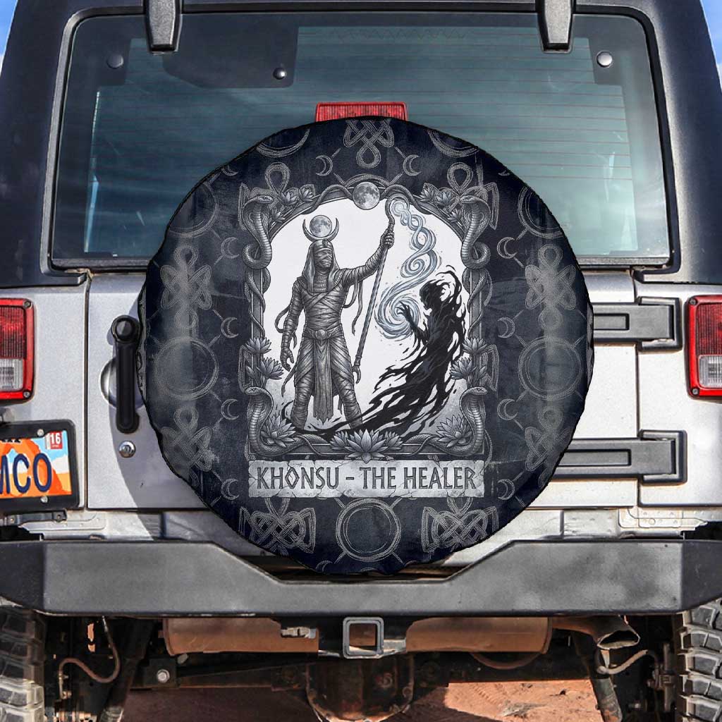 Khonsu Ancient Egyptian Spare Tire Cover with Dark Celtic Knot Pattern, Baboon Guardian Symbol, and Moon Healer Motif - African Pride