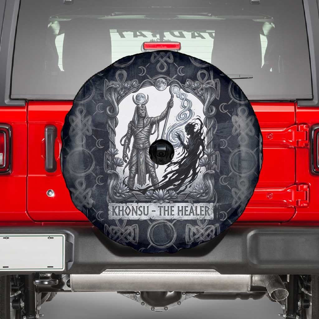 Khonsu Ancient Egyptian Spare Tire Cover with Dark Celtic Knot Pattern, Baboon Guardian Symbol, and Moon Healer Motif - African Pride