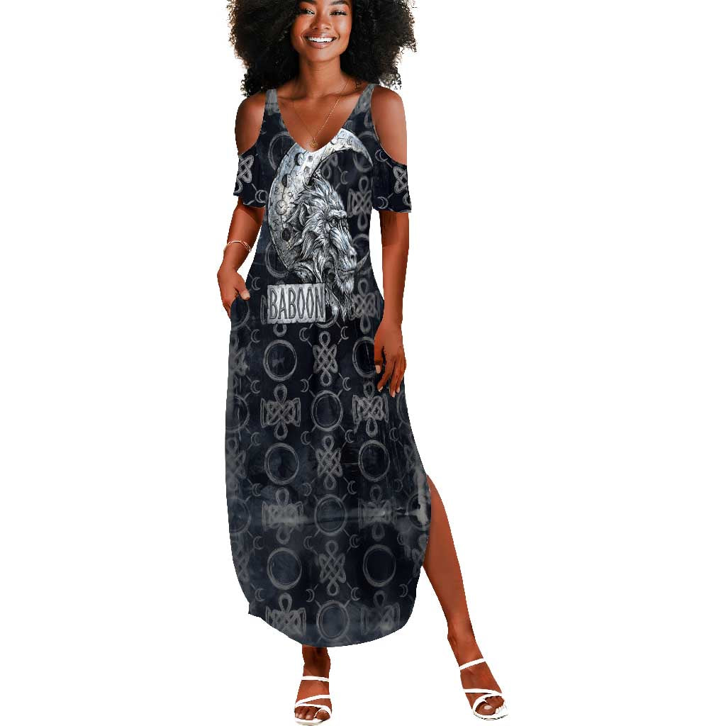 Khonsu Ancient Egyptian Summer Maxi Dress with Dark Celtic Knot Pattern, Baboon Guardian Symbol, and Moon Healer Motif - African Pride