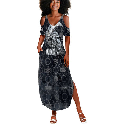 Khonsu Ancient Egyptian Summer Maxi Dress with Dark Celtic Knot Pattern, Baboon Guardian Symbol, and Moon Healer Motif - African Pride
