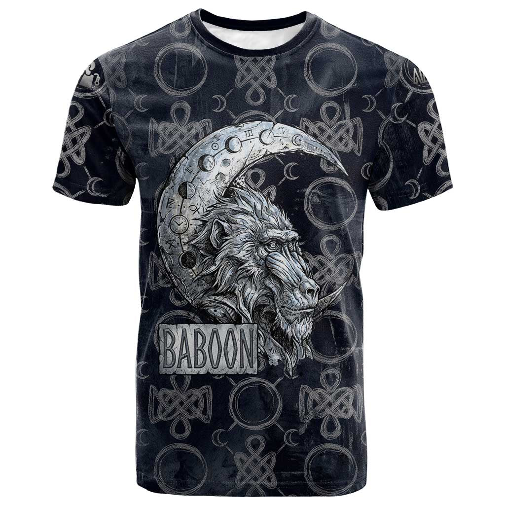 Khonsu Ancient Egyptian T shirt with Dark Celtic Knot Pattern, Baboon Guardian Symbol, and Moon Healer Motif - African Pride