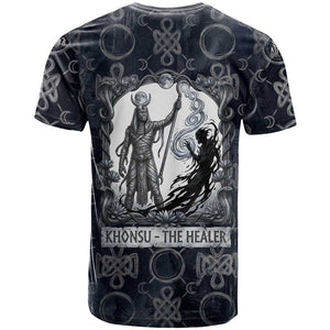 Khonsu Ancient Egyptian T shirt with Dark Celtic Knot Pattern, Baboon Guardian Symbol, and Moon Healer Motif - African Pride