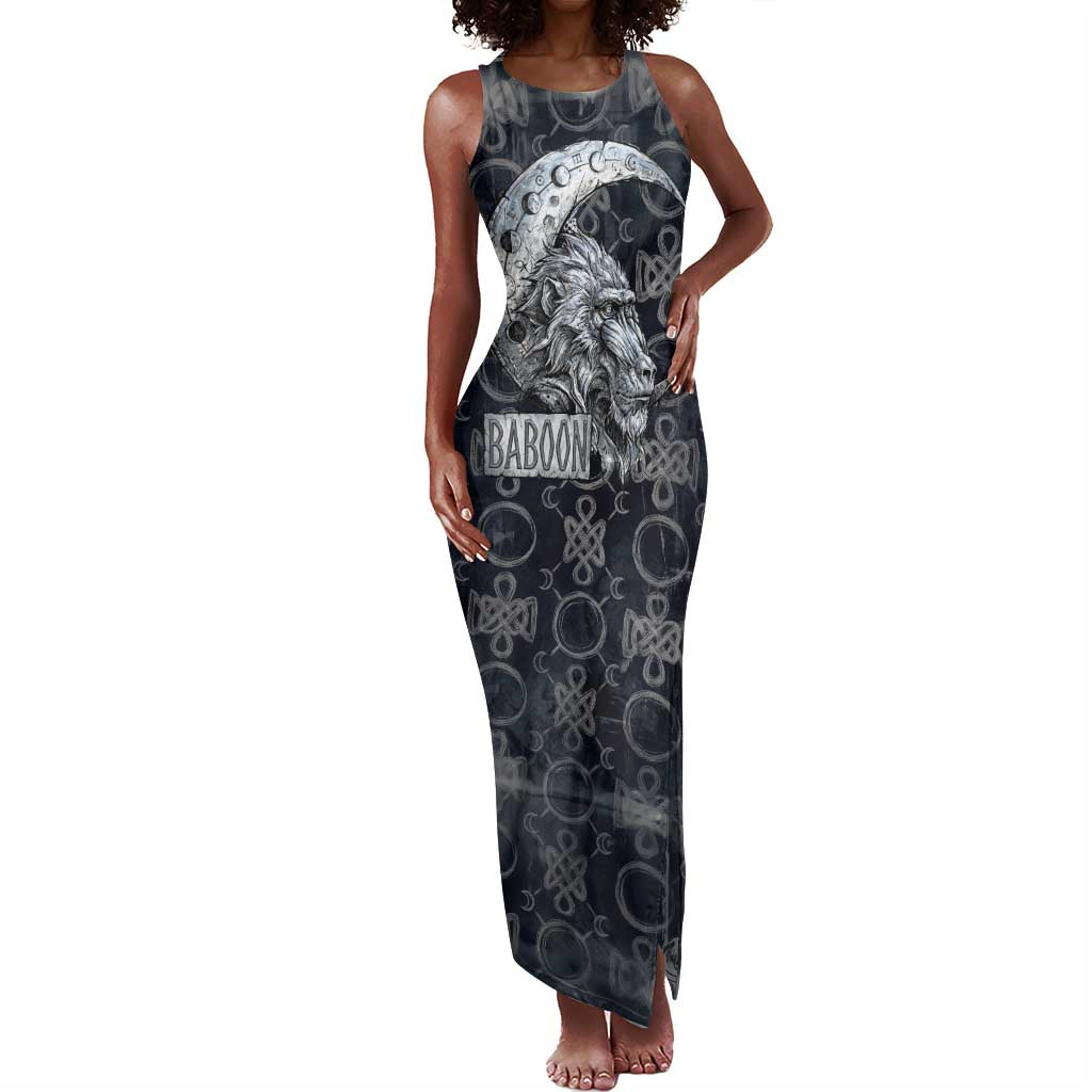 Khonsu Ancient Egyptian Tank Maxi Dress with Dark Celtic Knot Pattern, Baboon Guardian Symbol, and Moon Healer Motif - African Pride