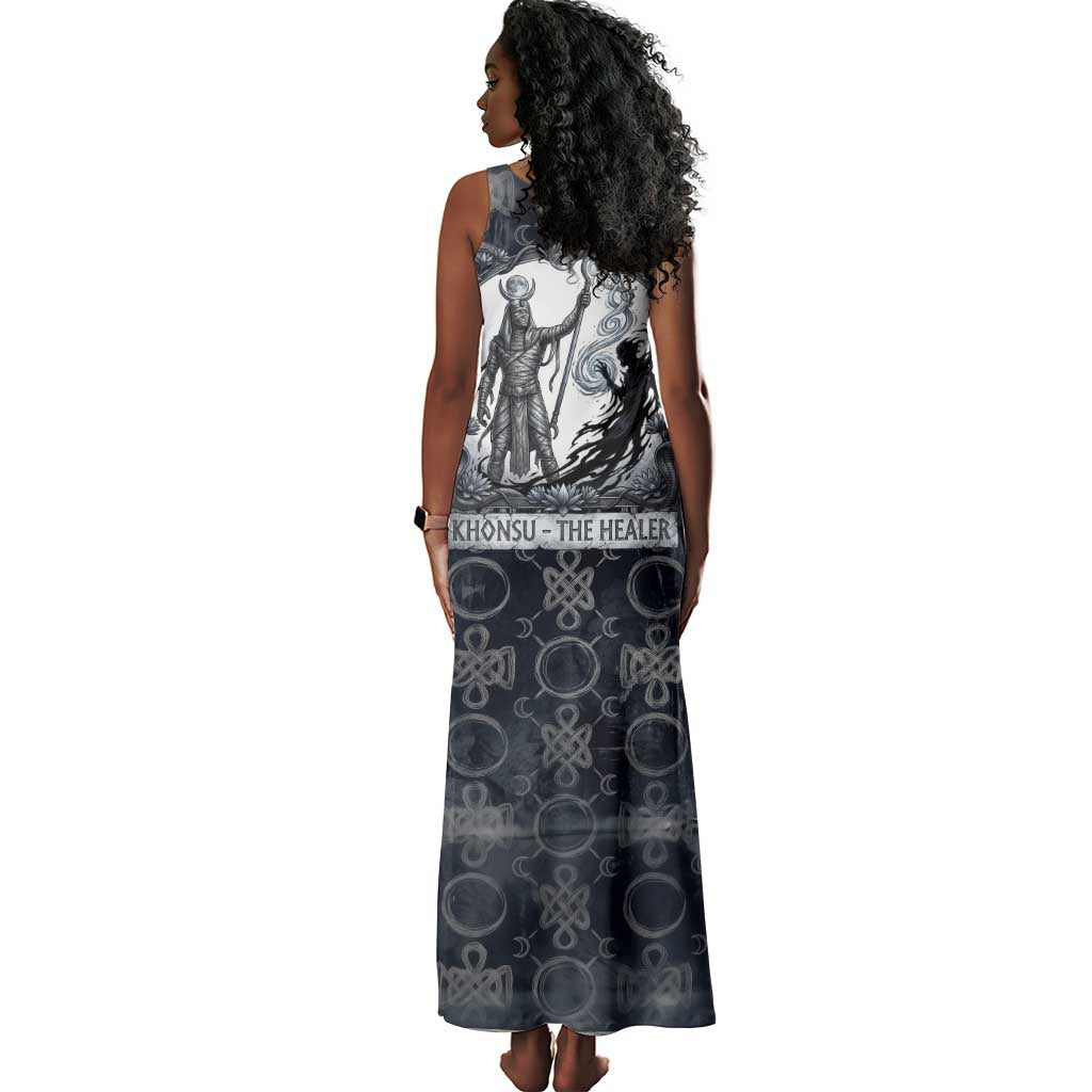 Khonsu Ancient Egyptian Tank Maxi Dress with Dark Celtic Knot Pattern, Baboon Guardian Symbol, and Moon Healer Motif - African Pride
