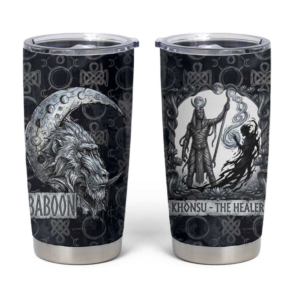 Khonsu Ancient Egyptian Tumbler Cup with Dark Celtic Knot Pattern, Baboon Guardian Symbol, and Moon Healer Motif - African Pride