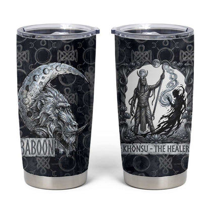 Khonsu Ancient Egyptian Tumbler Cup with Dark Celtic Knot Pattern, Baboon Guardian Symbol, and Moon Healer Motif - African Pride
