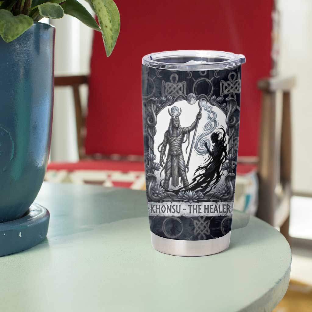 Khonsu Ancient Egyptian Tumbler Cup with Dark Celtic Knot Pattern, Baboon Guardian Symbol, and Moon Healer Motif - African Pride