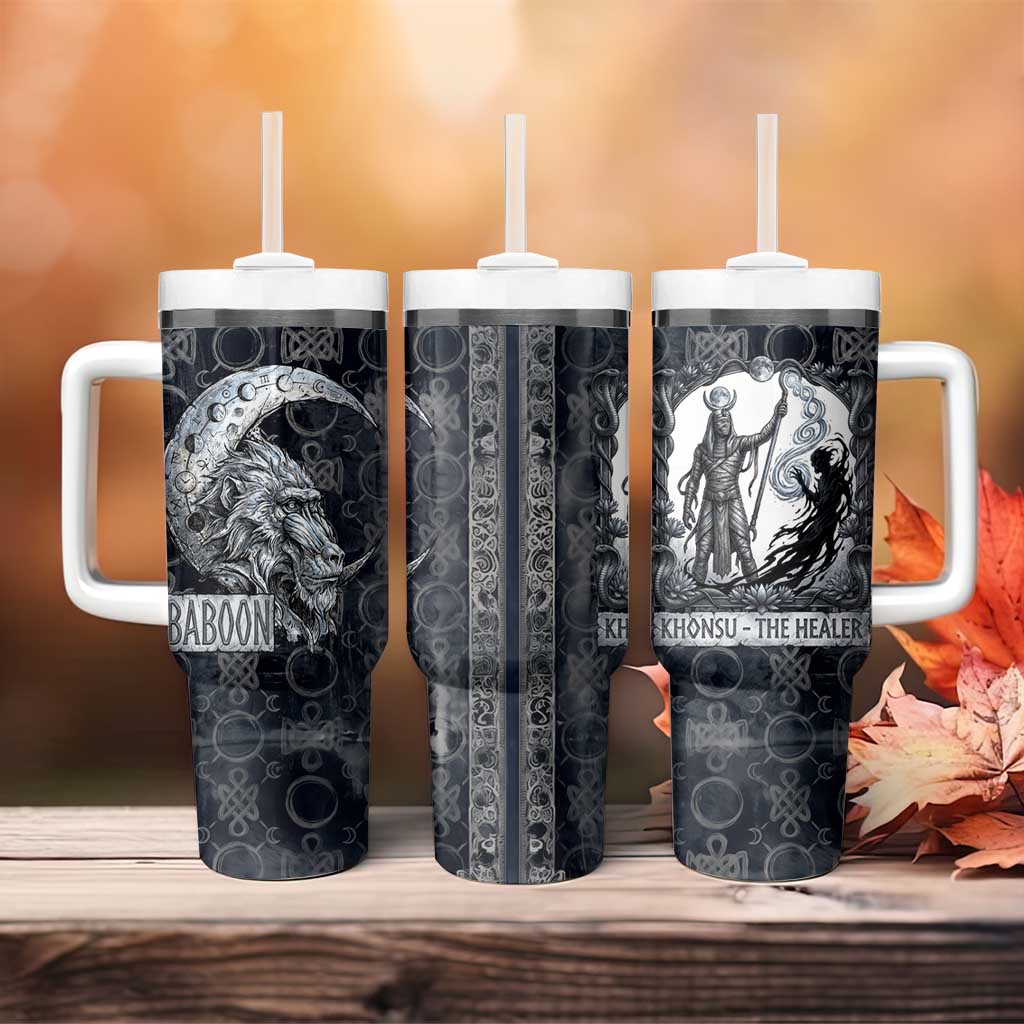 Khonsu Ancient Egyptian Tumbler With Handle with Dark Celtic Knot Pattern, Baboon Guardian Symbol, and Moon Healer Motif - African Pride