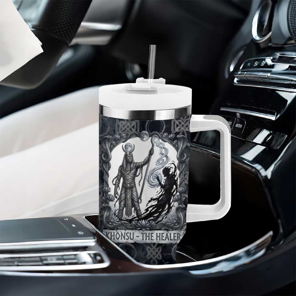 Khonsu Ancient Egyptian Tumbler With Handle with Dark Celtic Knot Pattern, Baboon Guardian Symbol, and Moon Healer Motif - African Pride