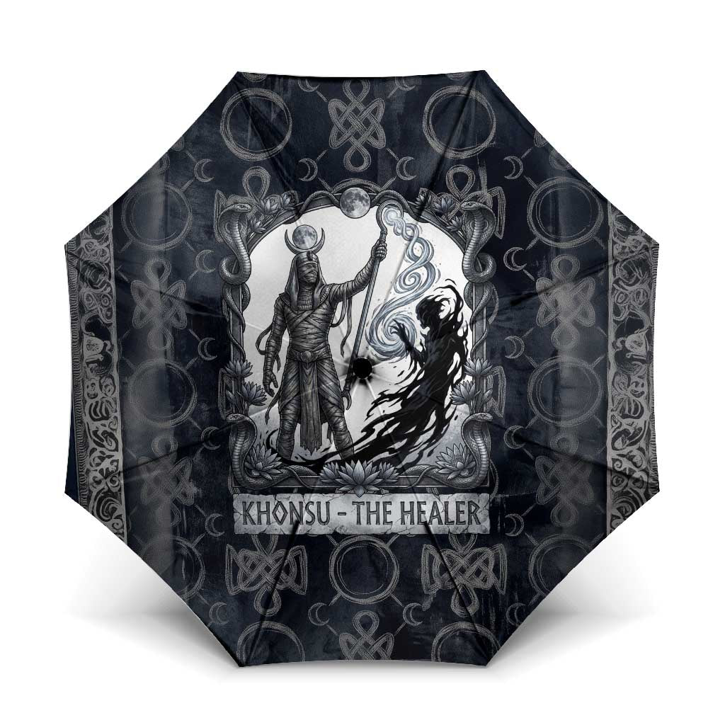 Khonsu Ancient Egyptian Umbrella with Dark Celtic Knot Pattern, Baboon Guardian Symbol, and Moon Healer Motif - African Pride