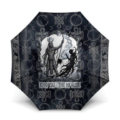 Khonsu Ancient Egyptian Umbrella with Dark Celtic Knot Pattern, Baboon Guardian Symbol, and Moon Healer Motif - African Pride