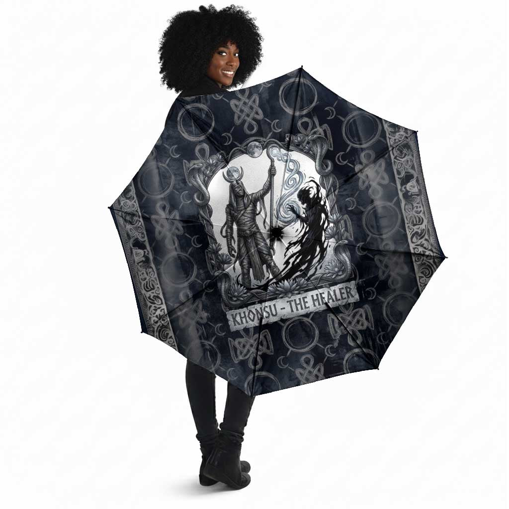 Khonsu Ancient Egyptian Umbrella with Dark Celtic Knot Pattern, Baboon Guardian Symbol, and Moon Healer Motif - African Pride
