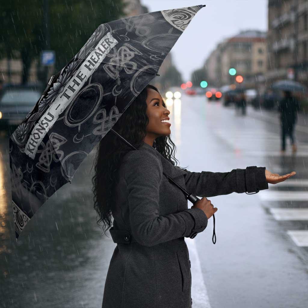 Khonsu Ancient Egyptian Umbrella with Dark Celtic Knot Pattern, Baboon Guardian Symbol, and Moon Healer Motif - African Pride