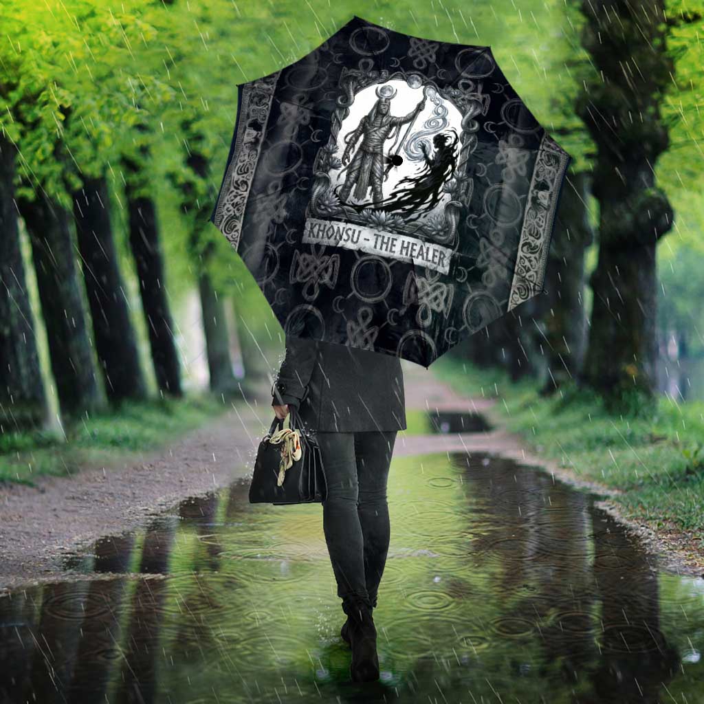 Khonsu Ancient Egyptian Umbrella with Dark Celtic Knot Pattern, Baboon Guardian Symbol, and Moon Healer Motif - African Pride
