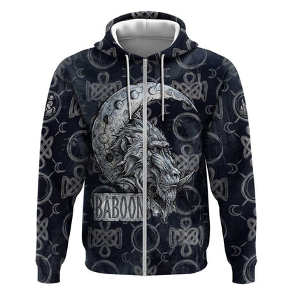 Khonsu Ancient Egyptian Zip Hoodie with Dark Celtic Knot Pattern, Baboon Guardian Symbol, and Moon Healer Motif - African Pride