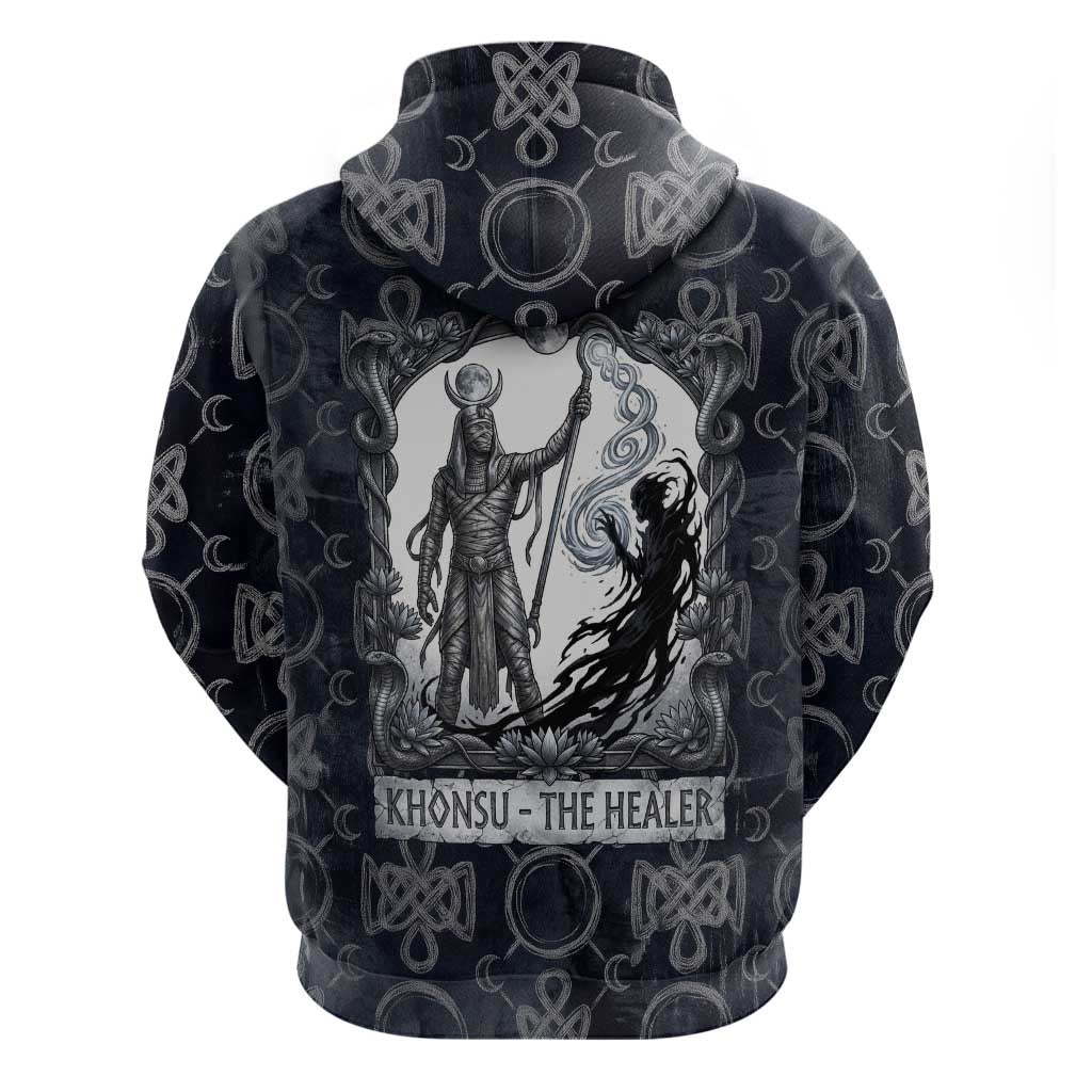 Khonsu Ancient Egyptian Zip Hoodie with Dark Celtic Knot Pattern, Baboon Guardian Symbol, and Moon Healer Motif - African Pride