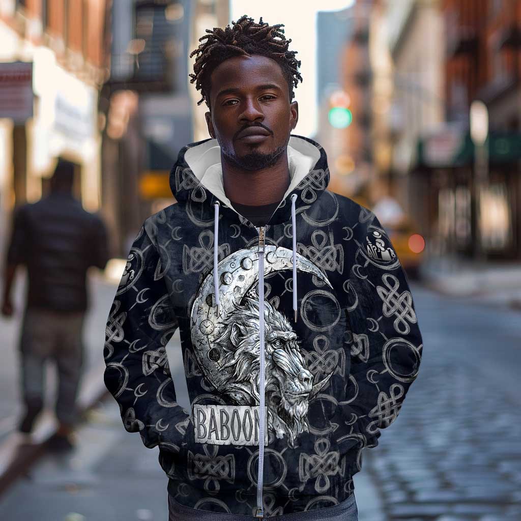 Khonsu Ancient Egyptian Zip Hoodie with Dark Celtic Knot Pattern, Baboon Guardian Symbol, and Moon Healer Motif - African Pride