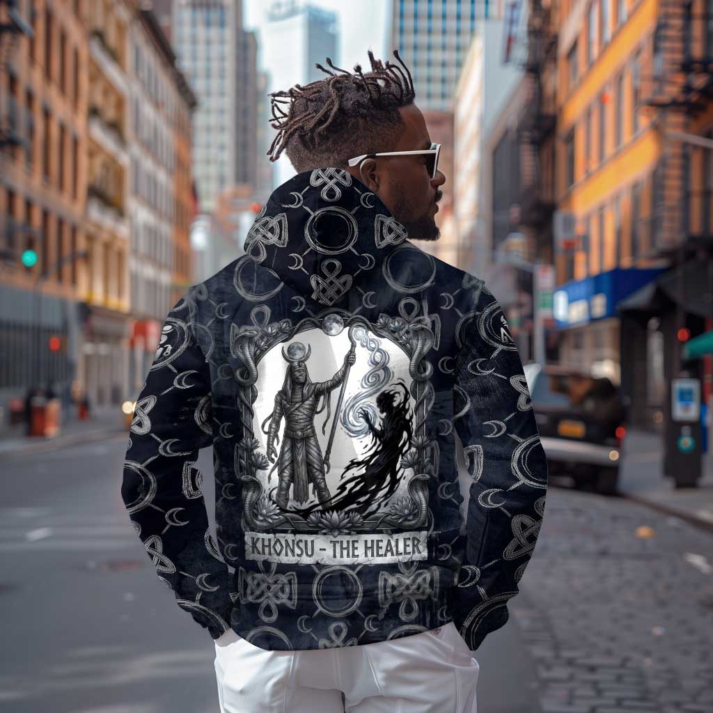 Khonsu Ancient Egyptian Zip Hoodie with Dark Celtic Knot Pattern, Baboon Guardian Symbol, and Moon Healer Motif - African Pride