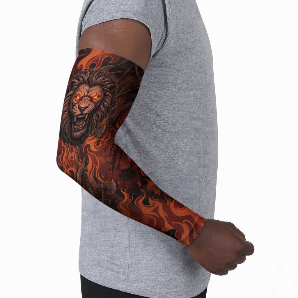 Maahes Arm Sleeves Ancient Egyptian Fiery Red Flame - Roaring Lion Head - African Pride