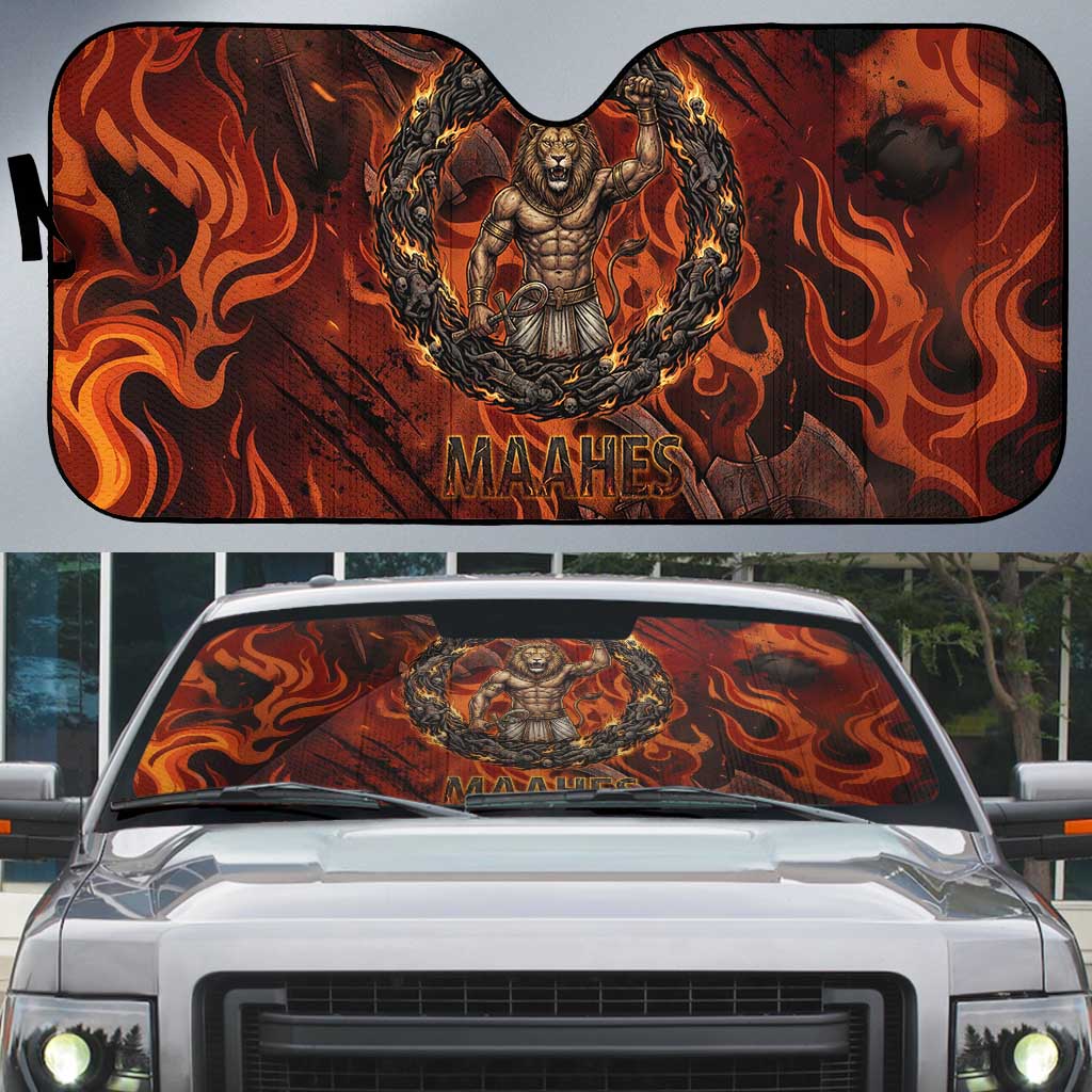 Maahes Auto Sun Shade Ancient Egyptian Fiery Red Flame - Roaring Lion Head - African Pride