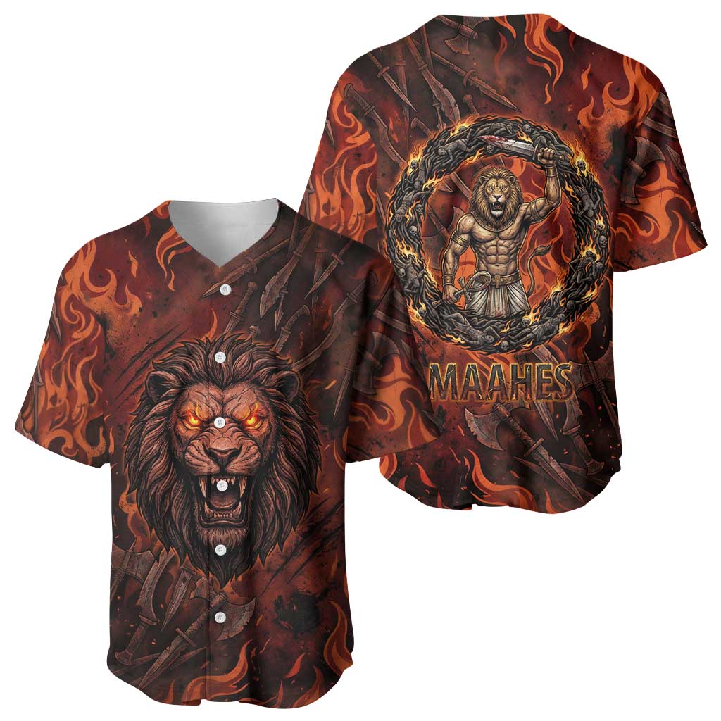 Maahes Baseball Jersey Ancient Egyptian Fiery Red Flame - Roaring Lion Head - African Pride