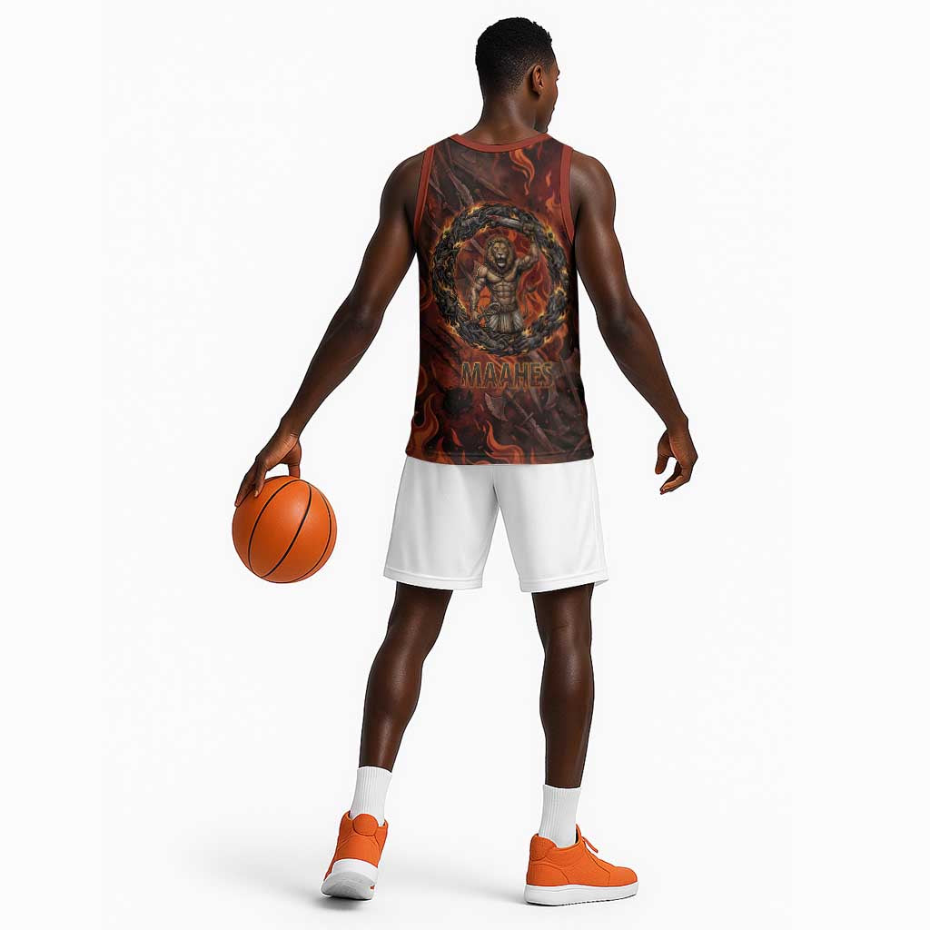 Maahes Basketball Jersey Ancient Egyptian Fiery Red Flame - Roaring Lion Head - African Pride