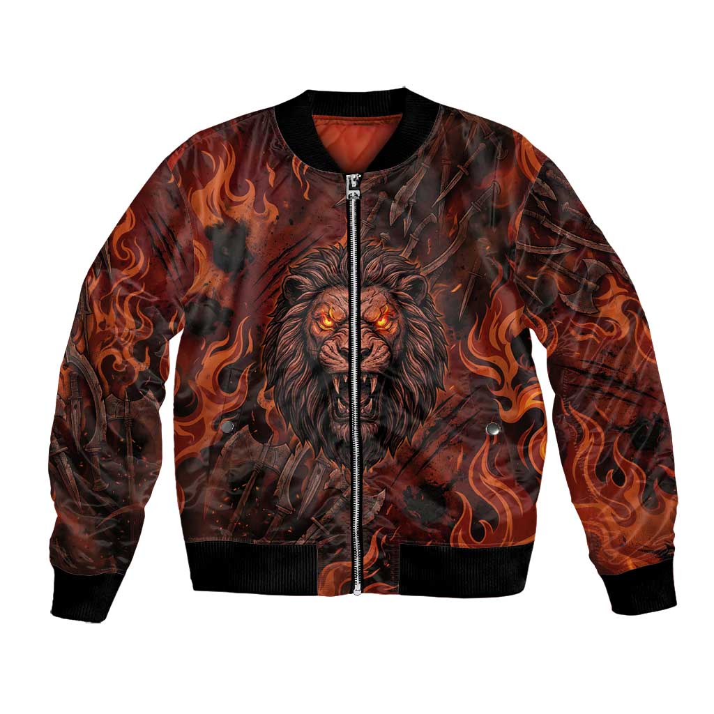 Maahes Bomber Jacket Ancient Egyptian Fiery Red Flame - Roaring Lion Head - African Pride