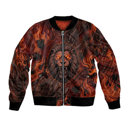 Maahes Bomber Jacket Ancient Egyptian Fiery Red Flame - Roaring Lion Head - African Pride