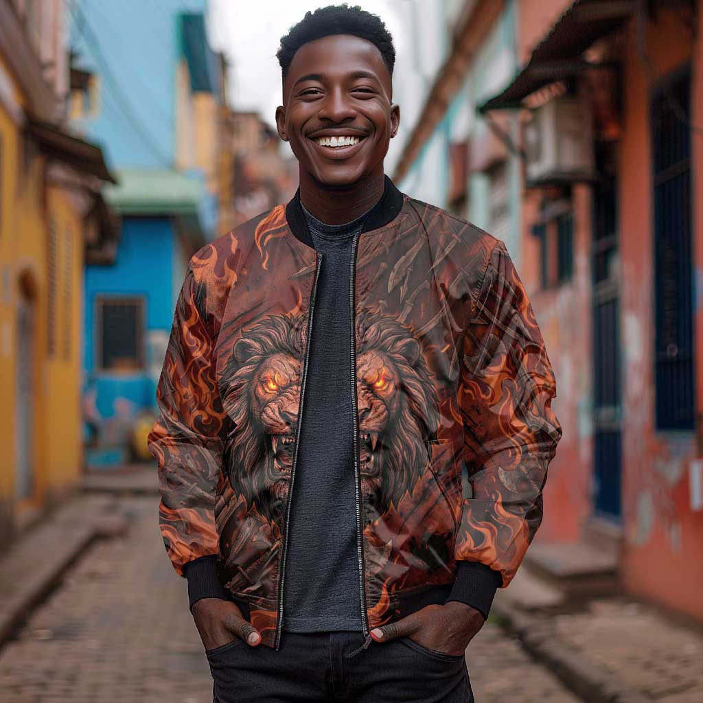 Maahes Bomber Jacket Ancient Egyptian Fiery Red Flame - Roaring Lion Head - African Pride