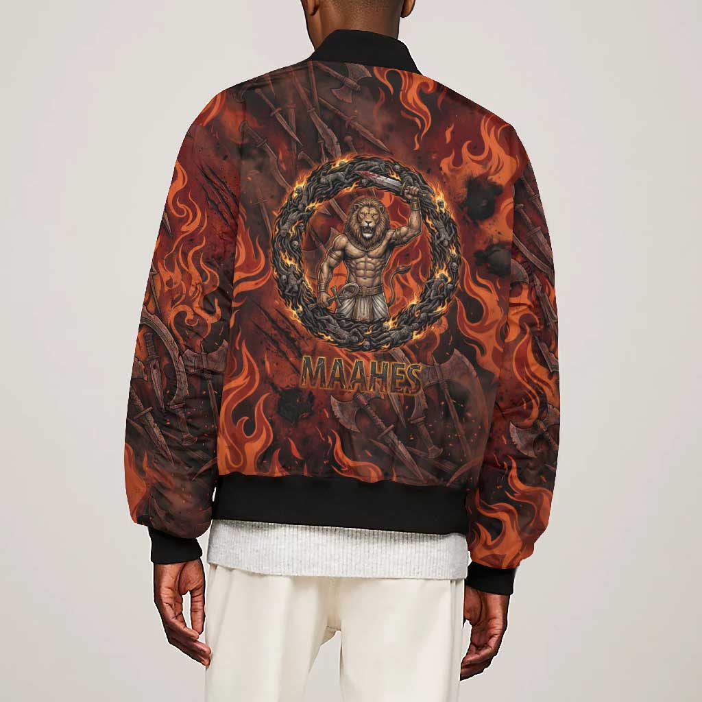 Maahes Bomber Jacket Ancient Egyptian Fiery Red Flame - Roaring Lion Head - African Pride