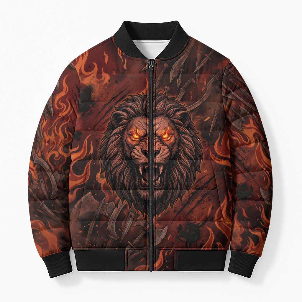 Maahes Bomber Puffer Jacket Ancient Egyptian Fiery Red Flame - Roaring Lion Head - African Pride