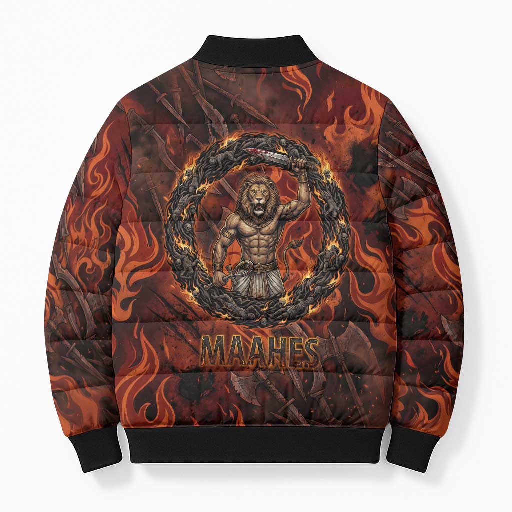 Maahes Bomber Puffer Jacket Ancient Egyptian Fiery Red Flame - Roaring Lion Head - African Pride