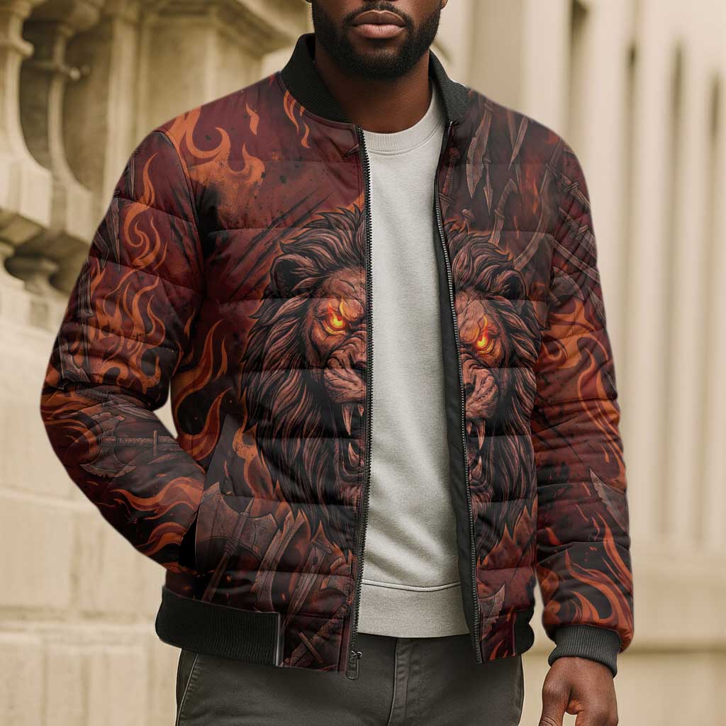 Maahes Bomber Puffer Jacket Ancient Egyptian Fiery Red Flame - Roaring Lion Head - African Pride