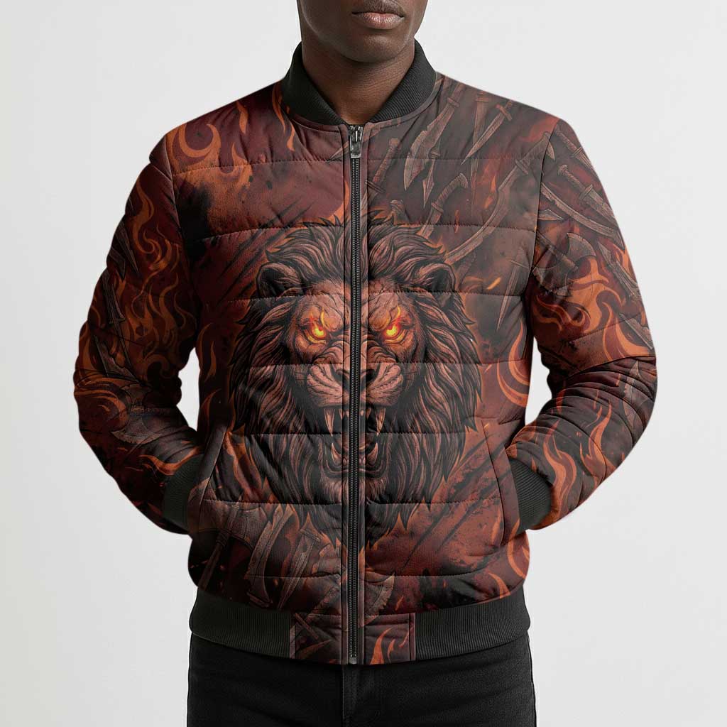 Maahes Bomber Puffer Jacket Ancient Egyptian Fiery Red Flame - Roaring Lion Head - African Pride
