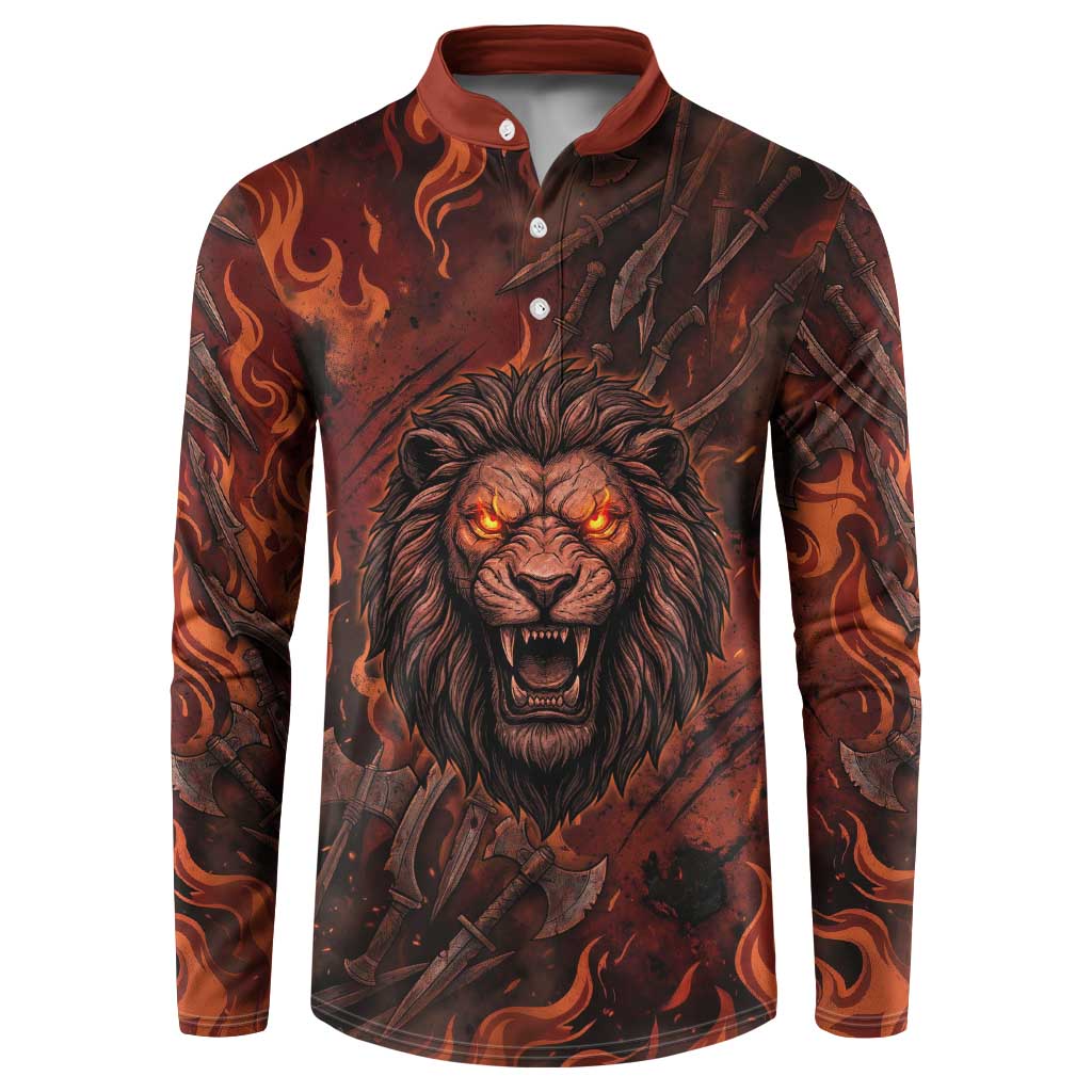 Maahes Button Sweatshirt Ancient Egyptian Fiery Red Flame - Roaring Lion Head