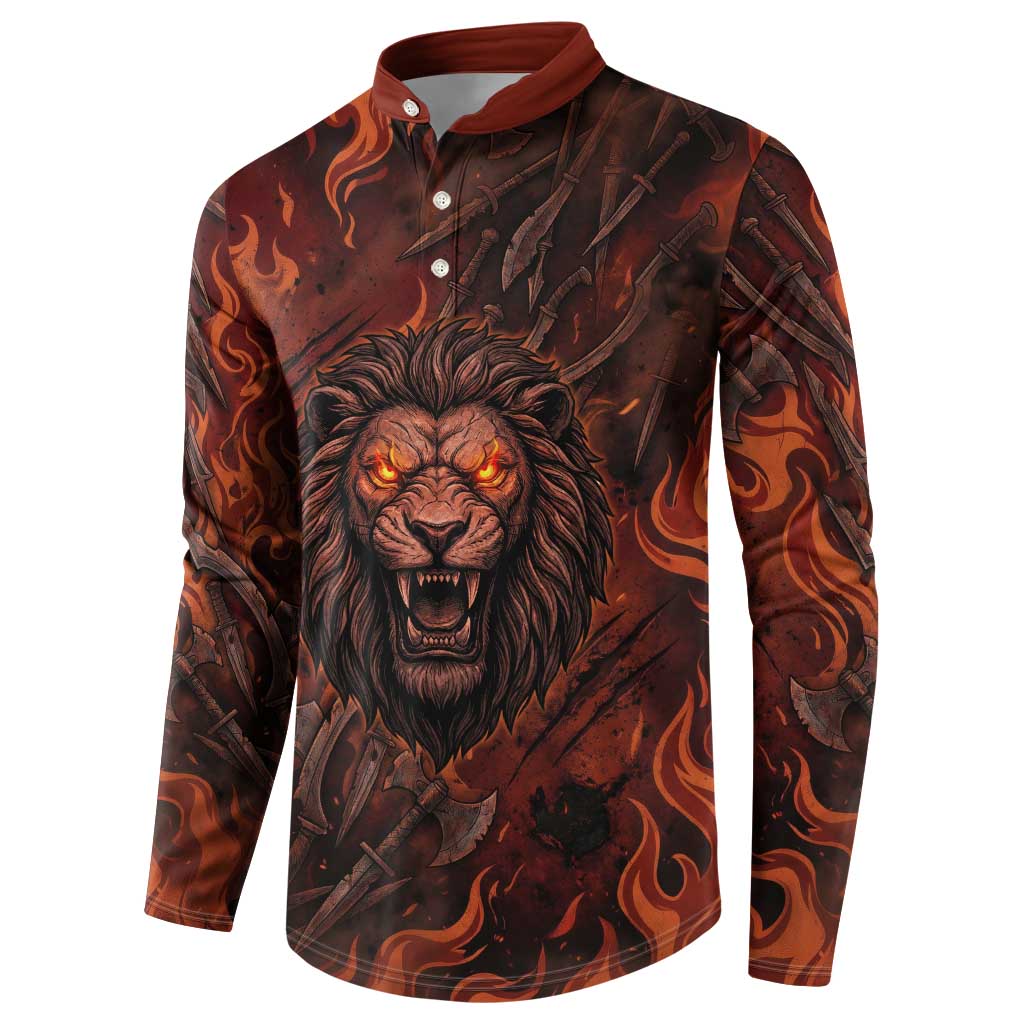 Maahes Button Sweatshirt Ancient Egyptian Fiery Red Flame - Roaring Lion Head