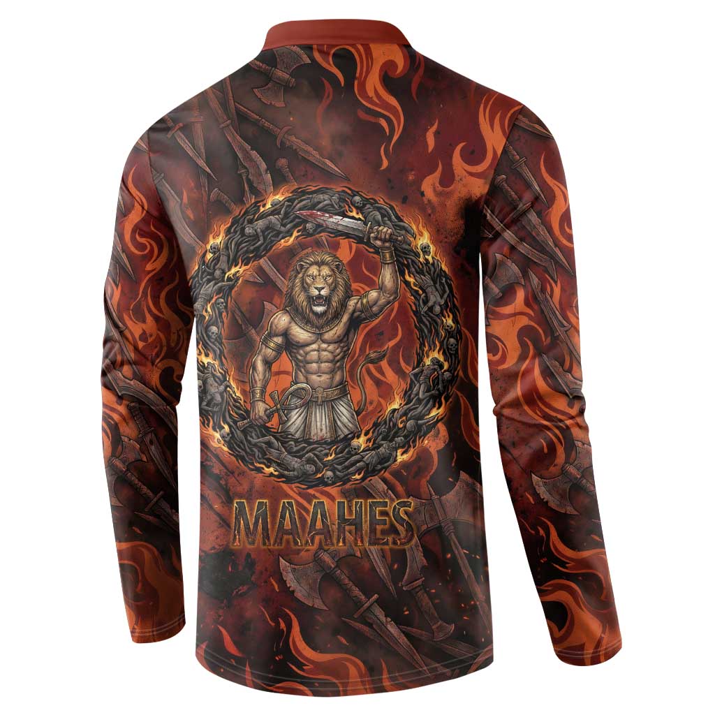 Maahes Button Sweatshirt Ancient Egyptian Fiery Red Flame - Roaring Lion Head