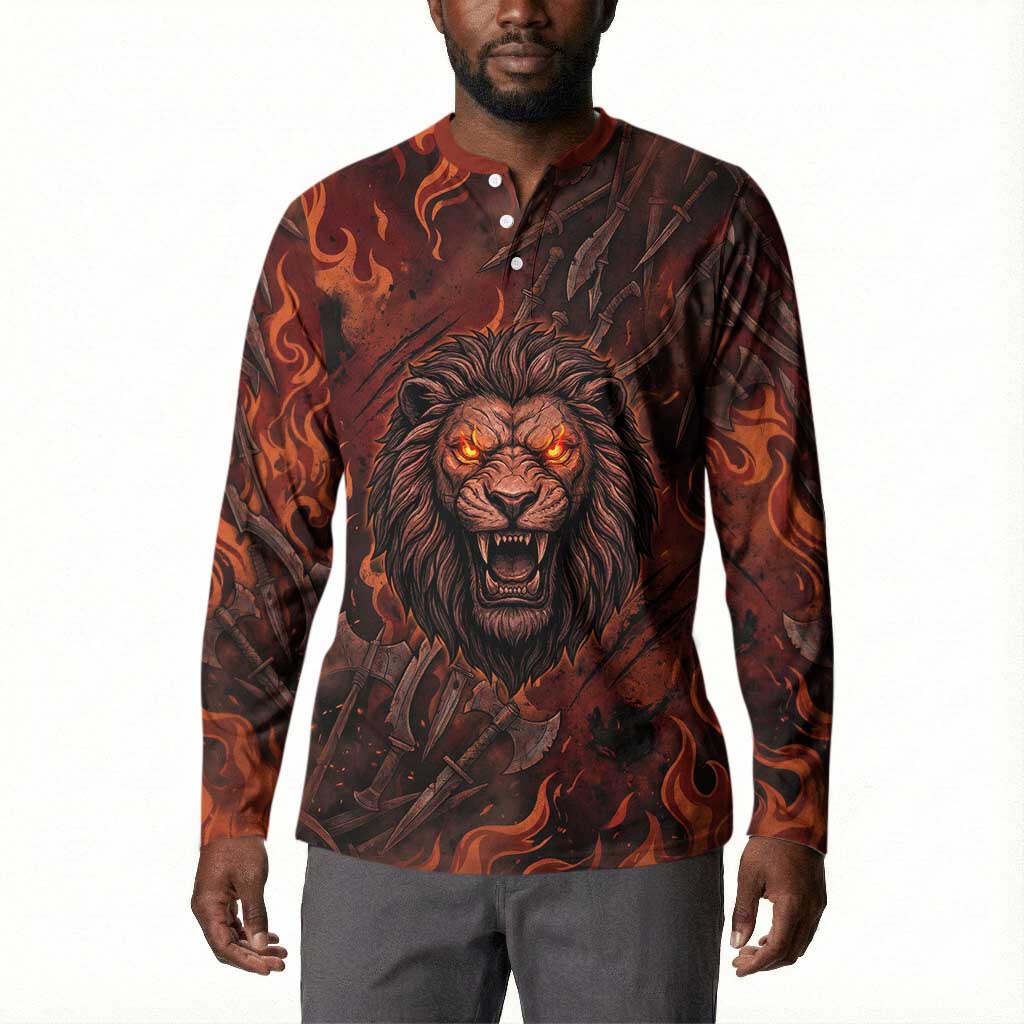 Maahes Button Sweatshirt Ancient Egyptian Fiery Red Flame - Roaring Lion Head
