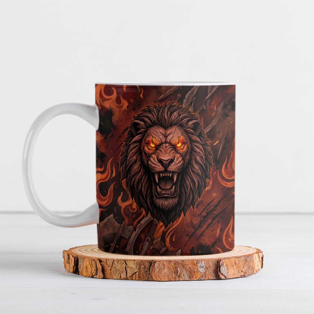 Maahes Ceramic Mug Ancient Egyptian Fiery Red Flame - Roaring Lion Head - African Pride