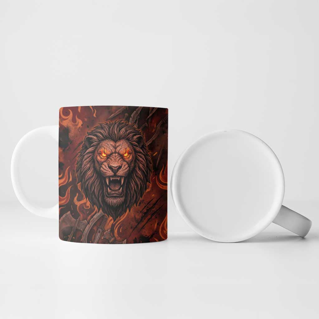 Maahes Ceramic Mug Ancient Egyptian Fiery Red Flame - Roaring Lion Head - African Pride