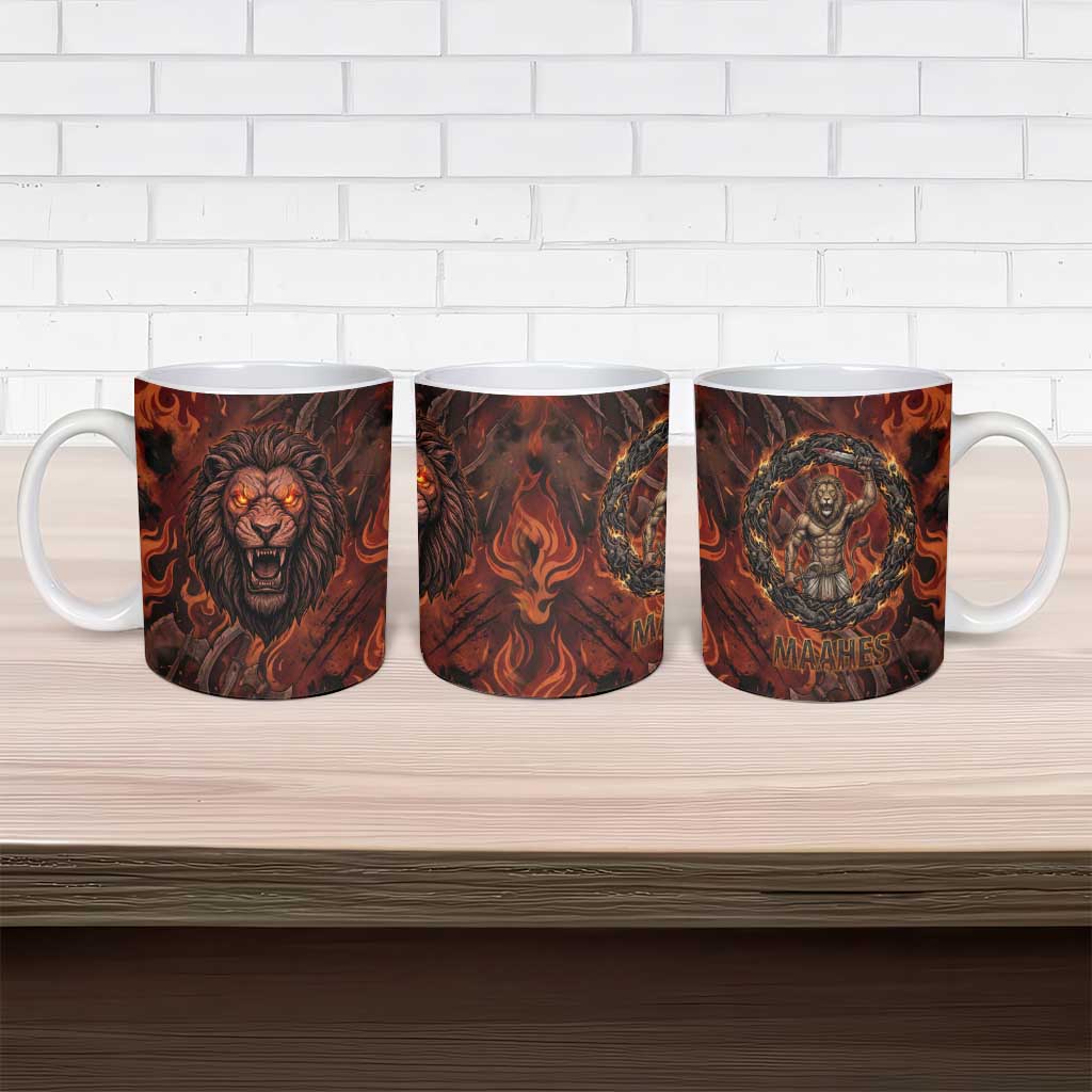 Maahes Ceramic Mug Ancient Egyptian Fiery Red Flame - Roaring Lion Head - African Pride