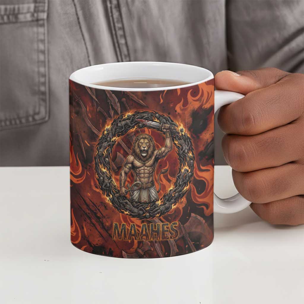 Maahes Ceramic Mug Ancient Egyptian Fiery Red Flame - Roaring Lion Head - African Pride
