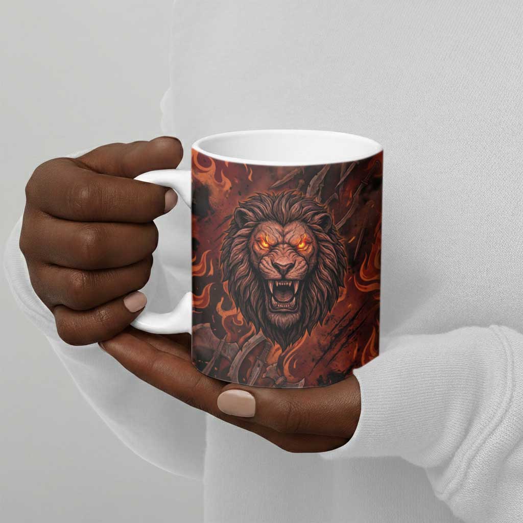 Maahes Ceramic Mug Ancient Egyptian Fiery Red Flame - Roaring Lion Head - African Pride