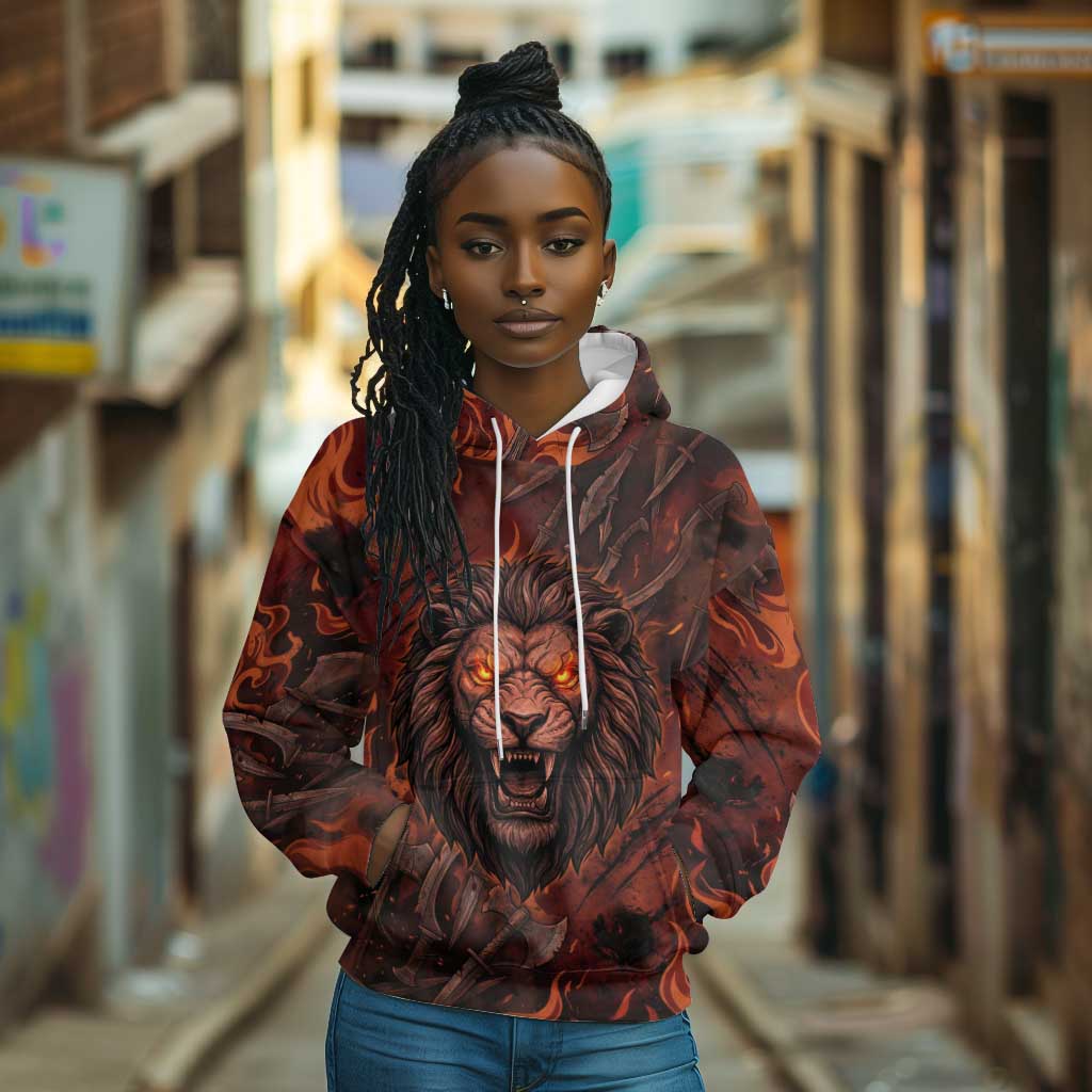 Maahes Hoodie Ancient Egyptian Fiery Red Flame - Roaring Lion Head - African Pride