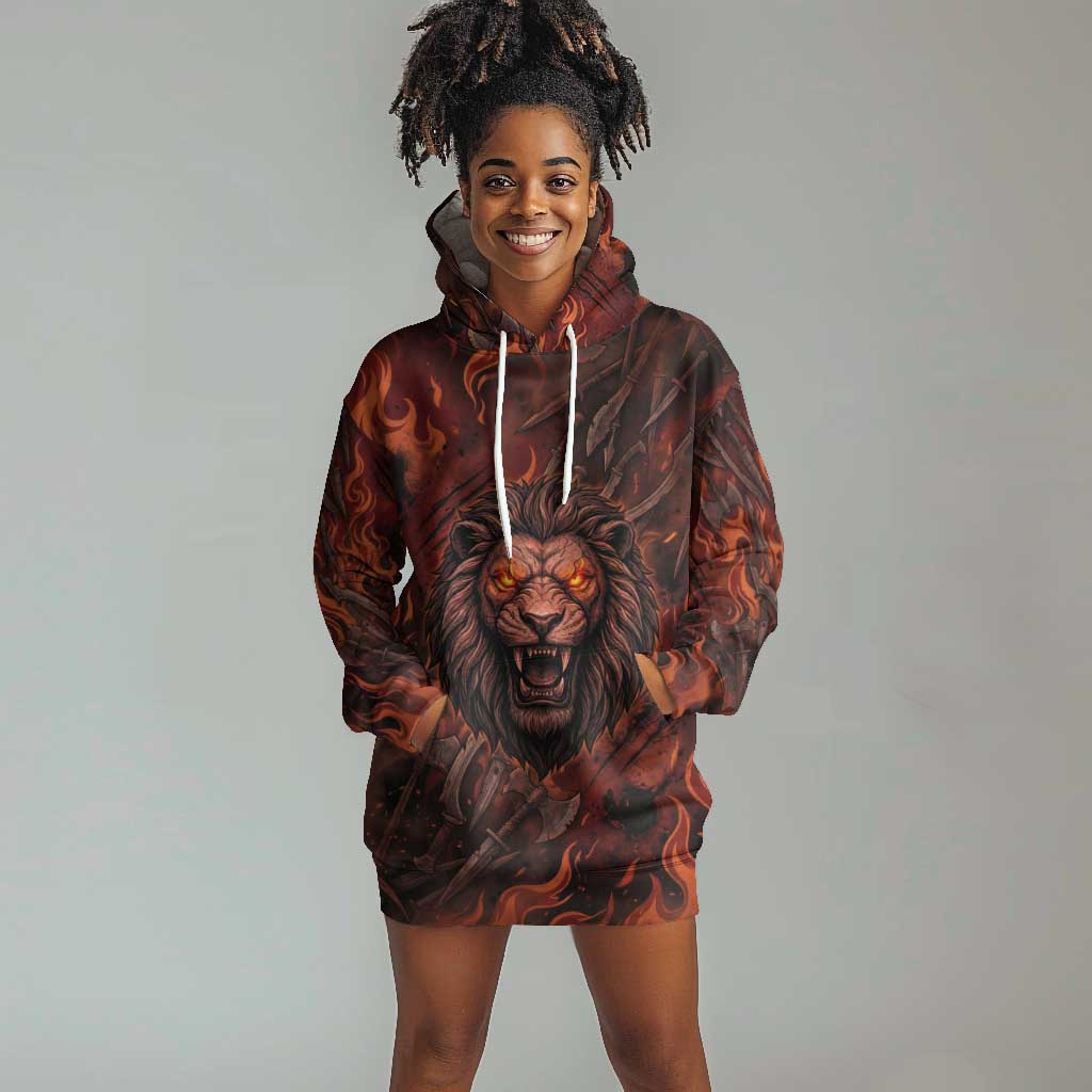 Maahes Hoodie Dress Ancient Egyptian Fiery Red Flame - Roaring Lion Head - African Pride
