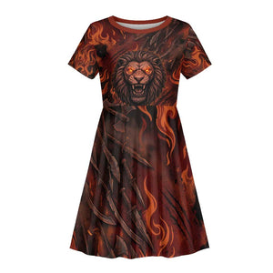 Maahes Kid Short Sleeve Dress Ancient Egyptian Fiery Red Flame - Roaring Lion Head - African Pride
