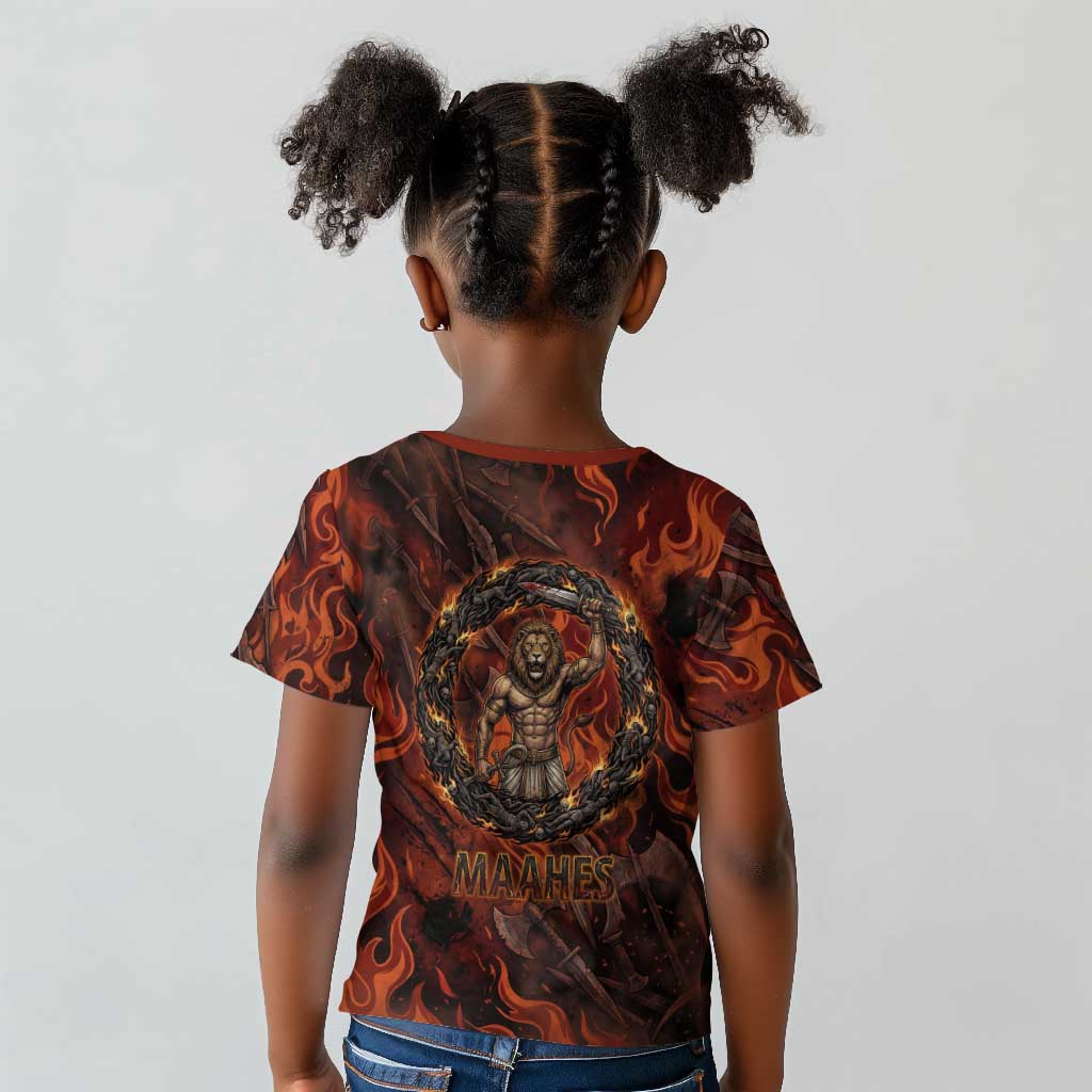 Maahes Kid T shirt Ancient Egyptian Fiery Red Flame - Roaring Lion Head - African Pride