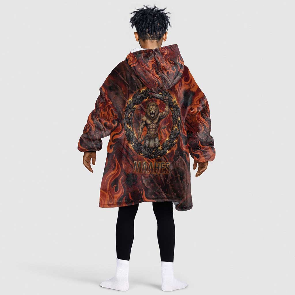 Maahes Kid Wearable Blanket Hoodie Ancient Egyptian Fiery Red Flame - Roaring Lion Head - African Pride